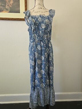 PAIGE Blue Floral Square-Neck Maxi Dress with Ruffle Hem NWOT